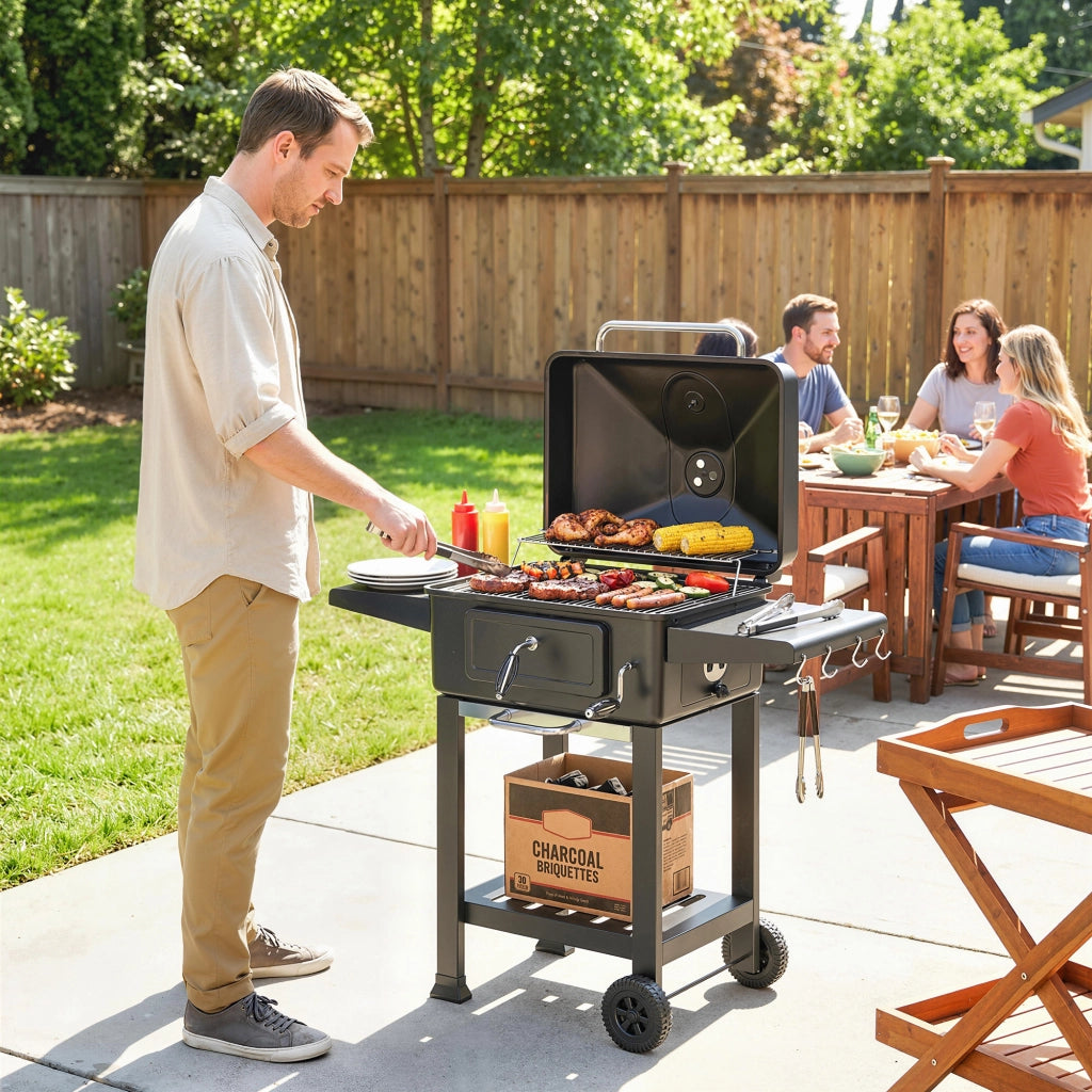 Barbecue a Carbone Affumicatore Portatile ¨C Zephmum ¨C Nero con Ventilazione Termometro Mensole