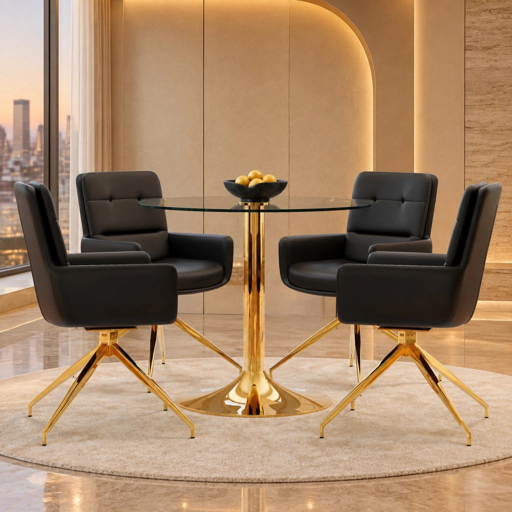 Set tavolo e sedie da pranzo 85 cm vetro temperato nero e oro per 4 persone