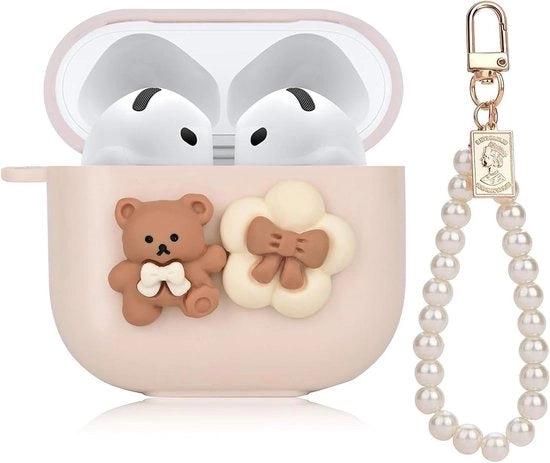 Custodia Soft Protettiva a forma di Bowknot e Fiori con Perle per AirPods 4ª Generazione - con Chiave di Acciaio