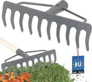 Raschiera in acciaio grigio con denti robusti senza lama per erba prato e manutenzione giardino
