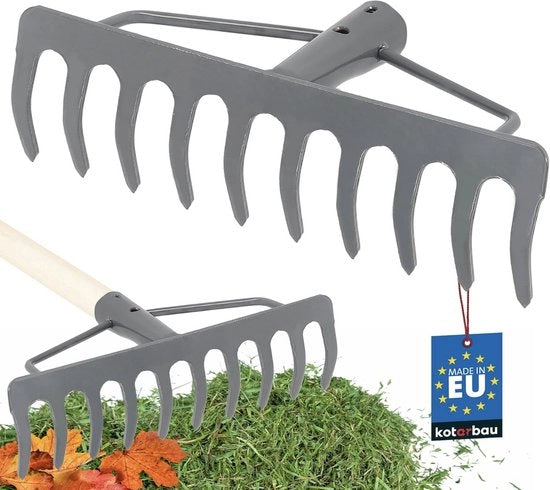 Raschiera in acciaio grigio con denti robusti senza lama per erba prato e manutenzione giardino