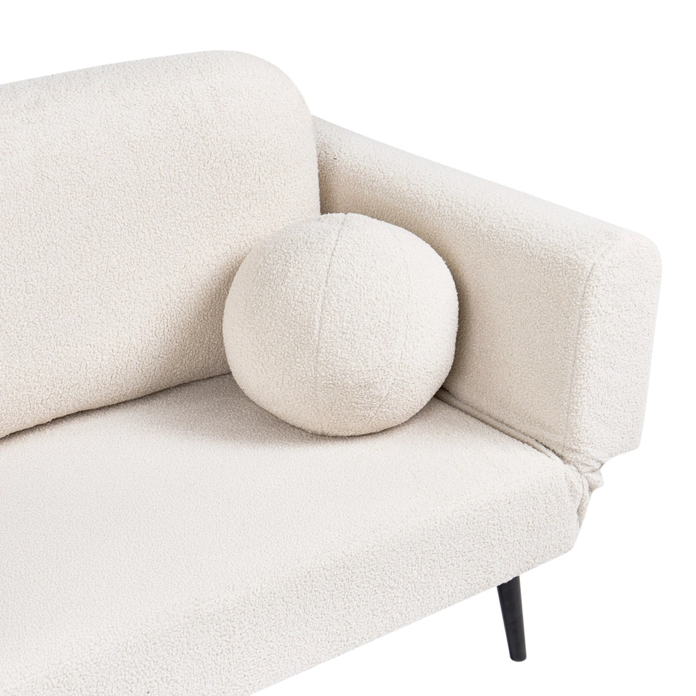 Divano letto con funzione letto cuscino rotondo rivestimento in bouclé gambe in ferro per soggiorno o camera da letto color bianco sporco