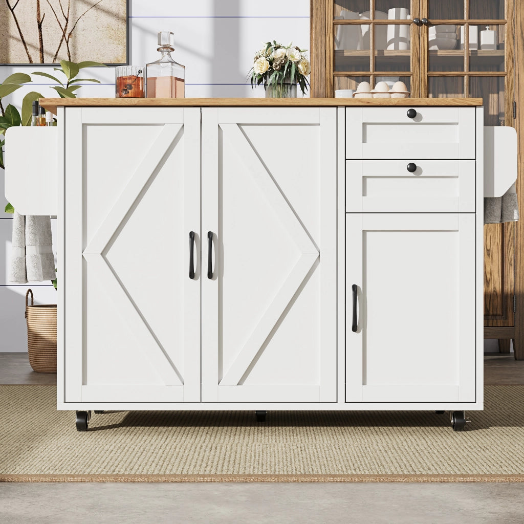 OKWISH Carrello da Cucina con 2 Cassetti, Ripiani su Entrambi i Lati, Piano Ribaltabile e 5 Ruote, per Cucina, MDF, Bianco