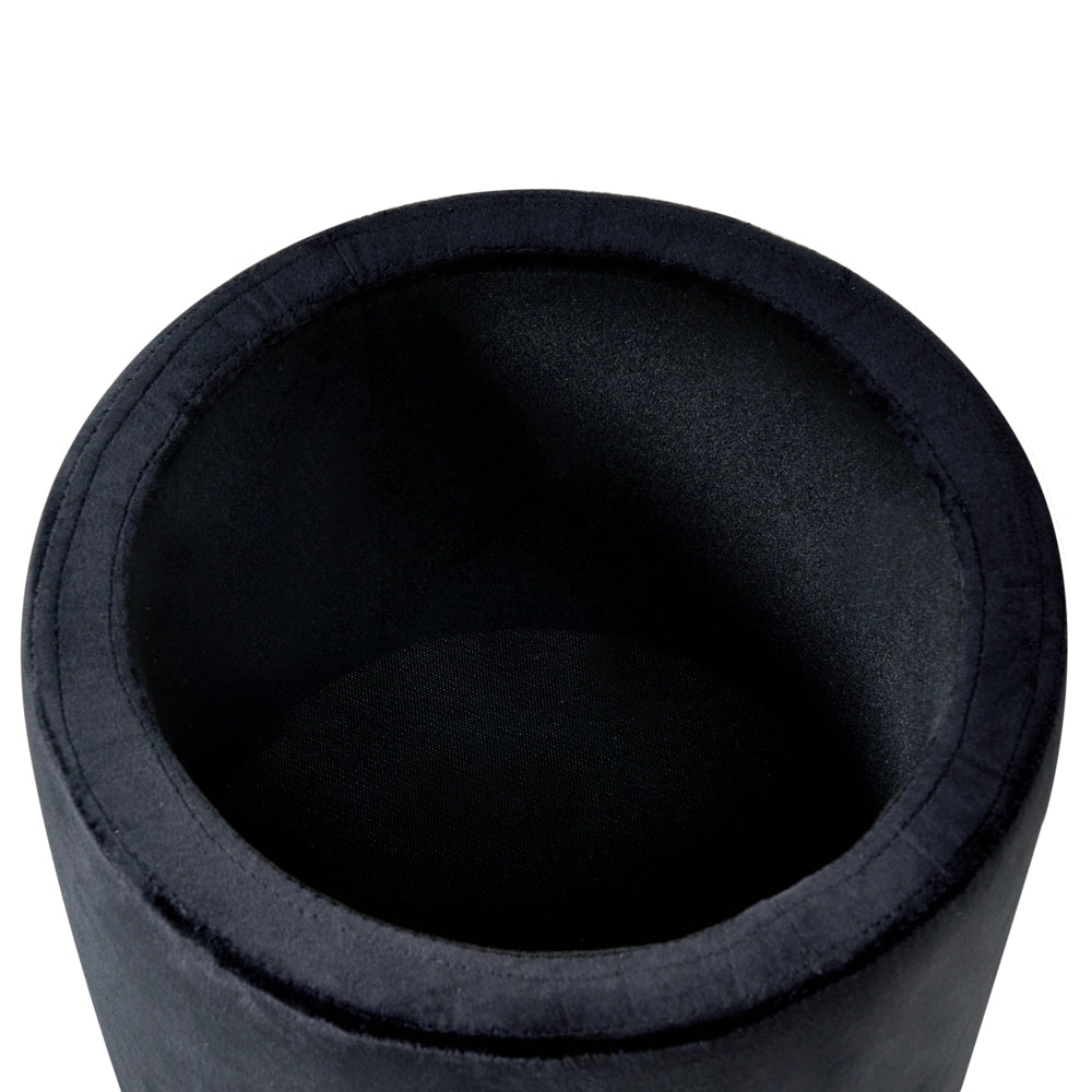 Pouf contenitore con seduta in tessuto velluto e base in legno poggiapiedi rotondo tavolino nero