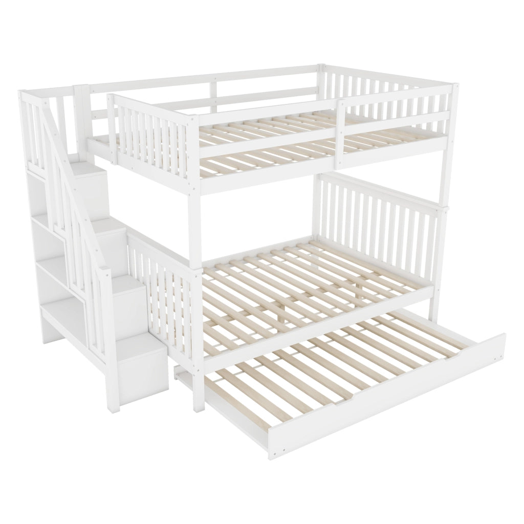 OKWISH Letto a Castello 140×200 cm, Letto 3 Posti con Letto Estraibile, Scala con Mensole e Sponde Alte, senza Materasso, Bianco