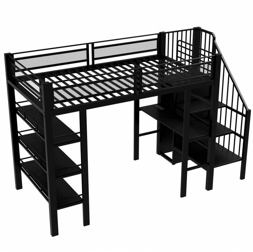Letto a soppalco ULEVR 90x200 cm con scrivania, armadio, scaffale a 3 livelli, LED e presa, nero