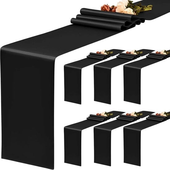 Set di Tavolo Satin Nero da 6 pezzi - 30 x 183 cm - Ideale per Matrimoni, Compleanni e Decorazioni