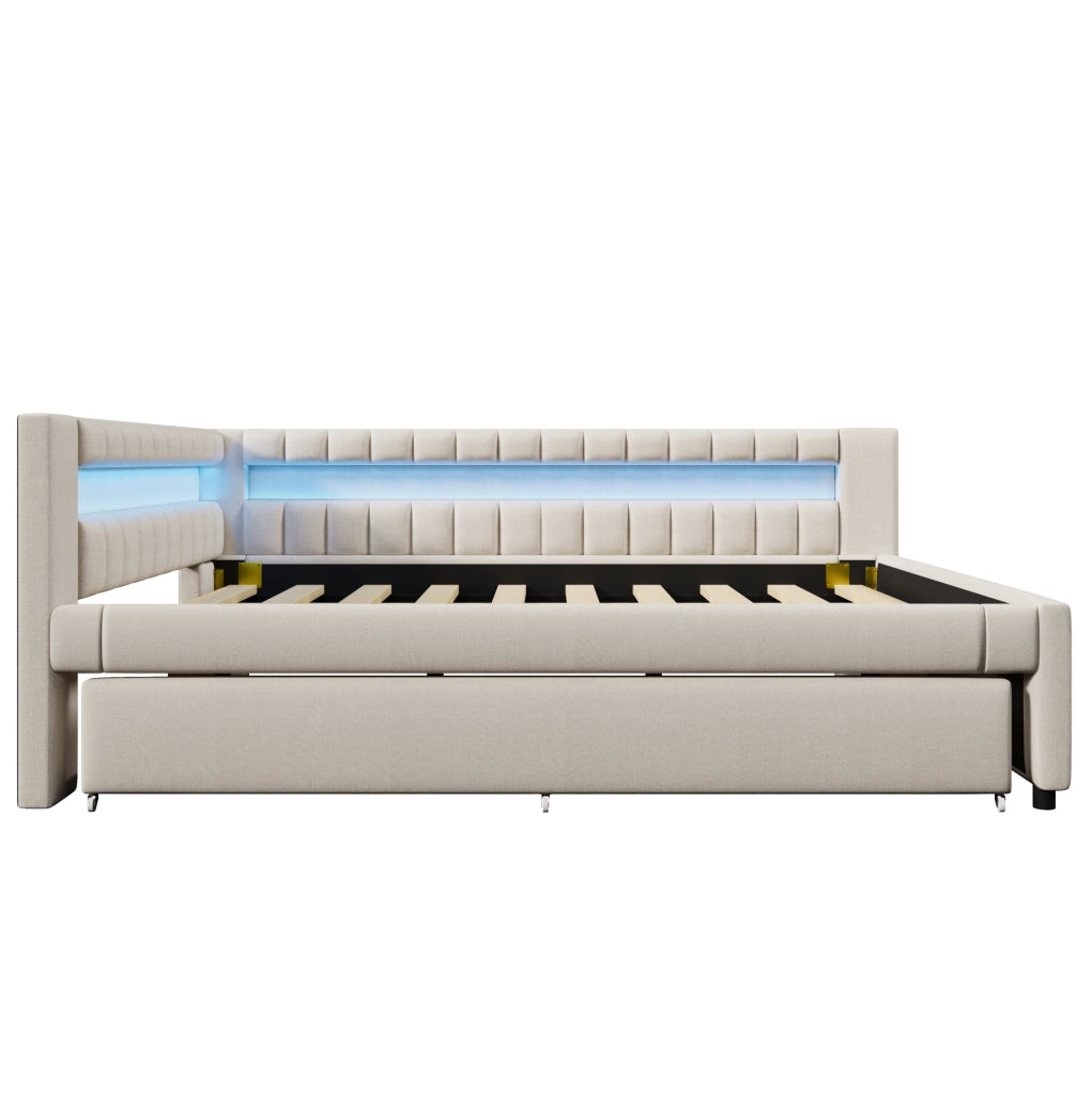 Letto daybed imbottito con LED, letto estraibile e porte USB + Type-C