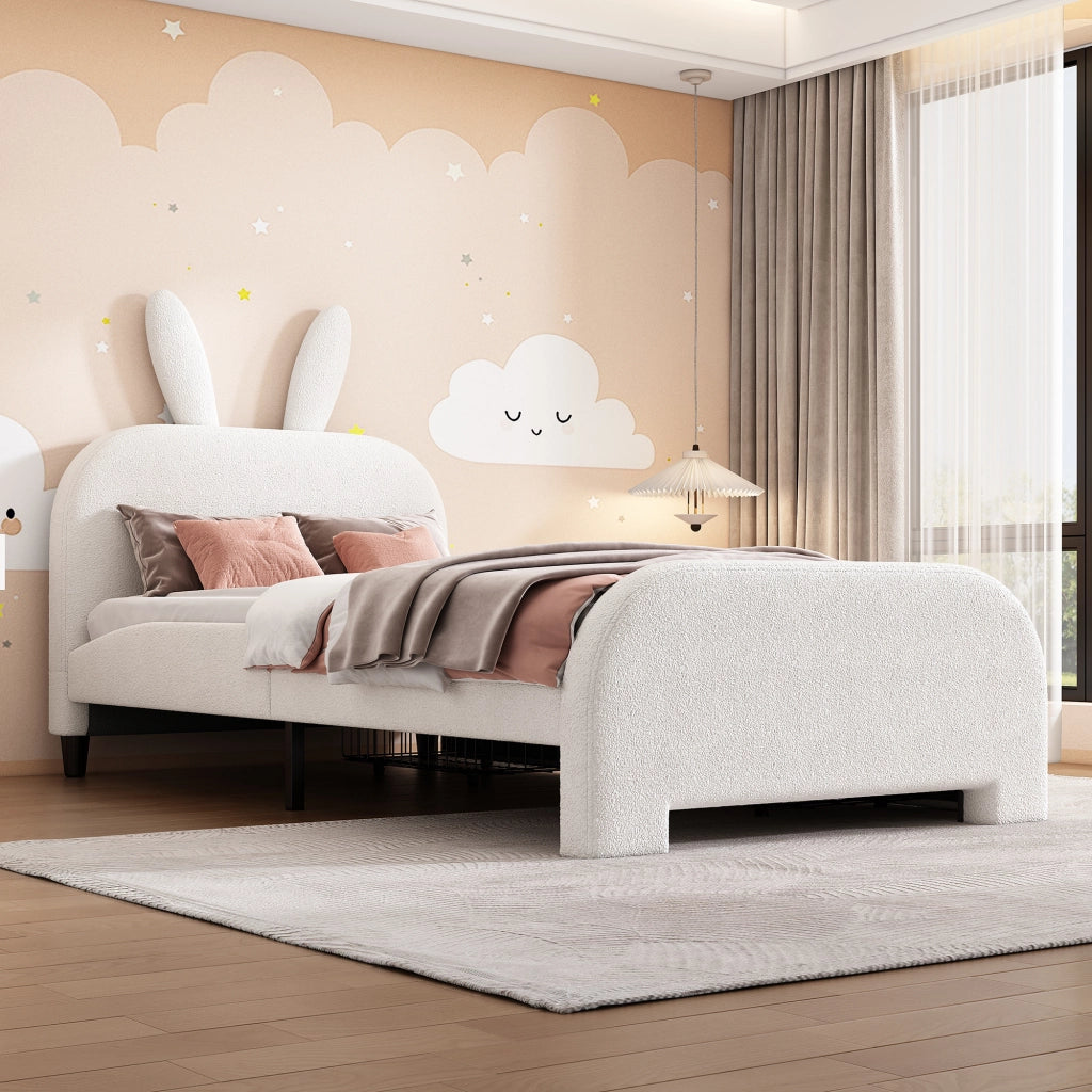 DESMIU Letto per Bambini 1 Posto con 2 Cassetti e Testiera Coniglio 90 × 200 cm, senza materasso, in Peluche e MDF, Bianco