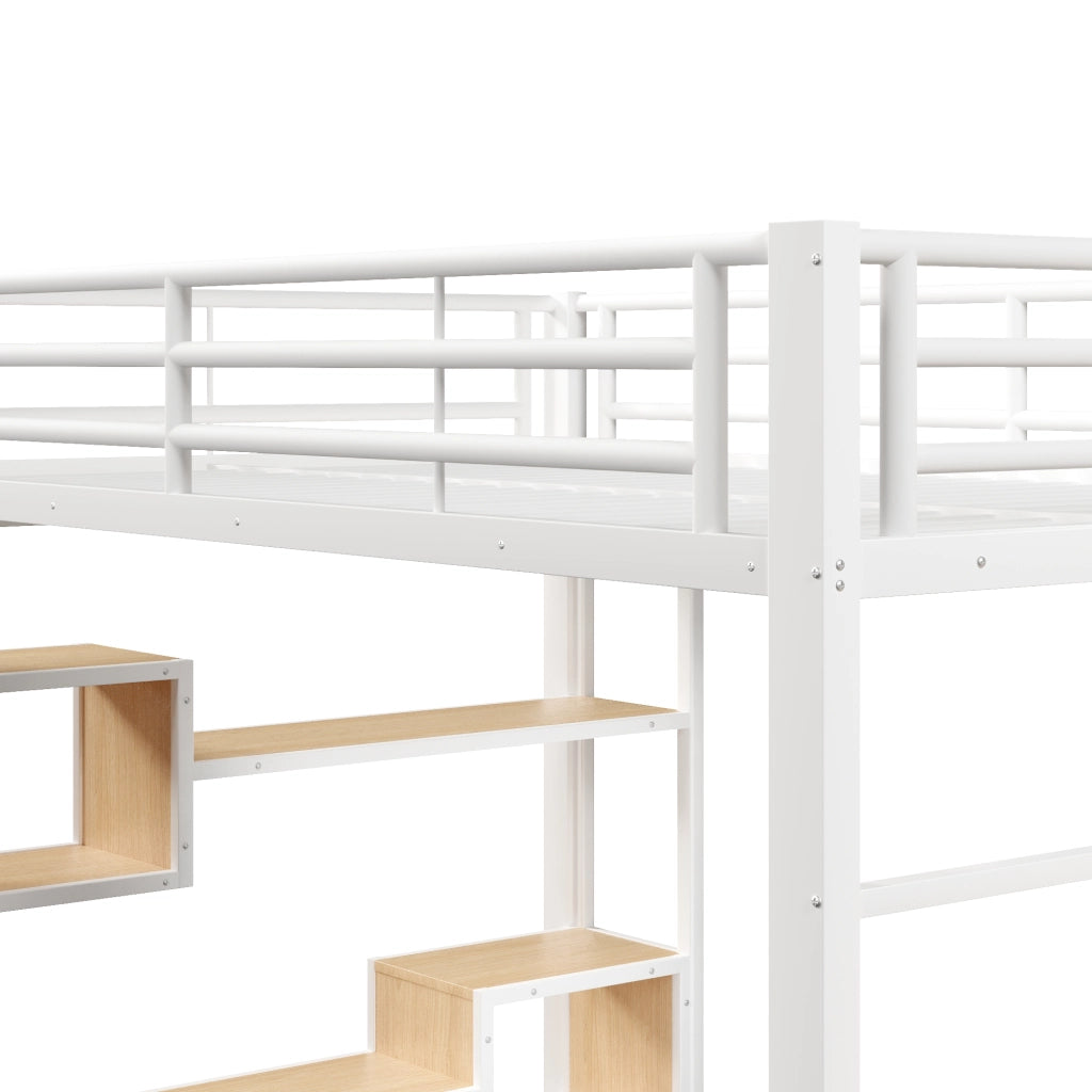 Letto a soppalco 140x200 cm con spazio libero sottostante; LED; ripiano; gradini integrati e parapetto; metallo bianco
