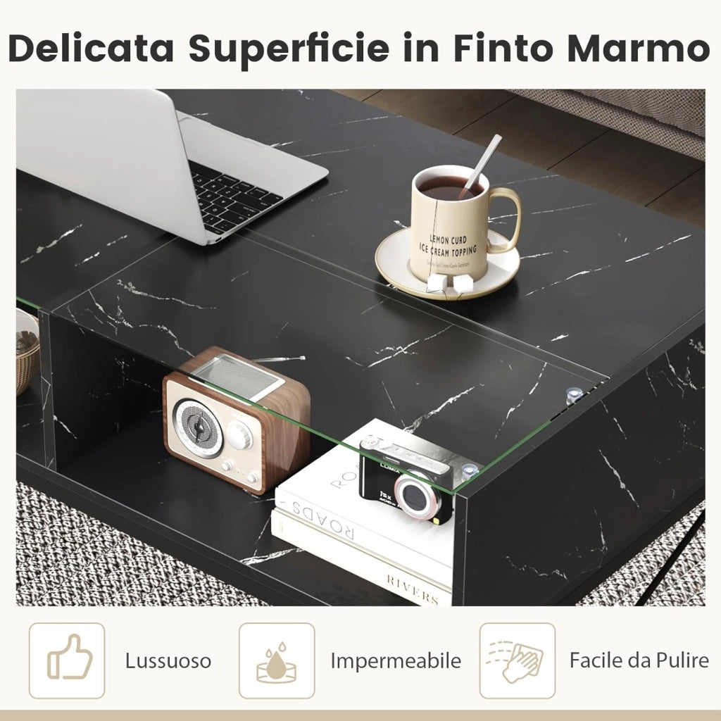 Tavolino da Salotto, Tavolino da Caffè da in Vetro e Legno con Luce LED Multicolore Regolabile a Telecomando e Ripiani, Tavolino per Soggiorno e Ufficio, 105 x 55 x 50 cm (Nero)