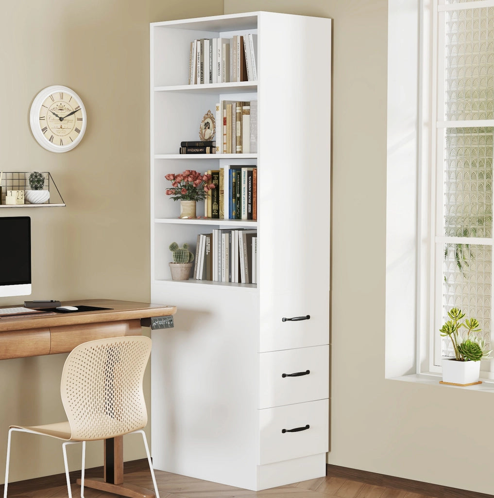 Libreria stretta 180 cm con 3 cassetti laterali e ripiani regolabili bianca