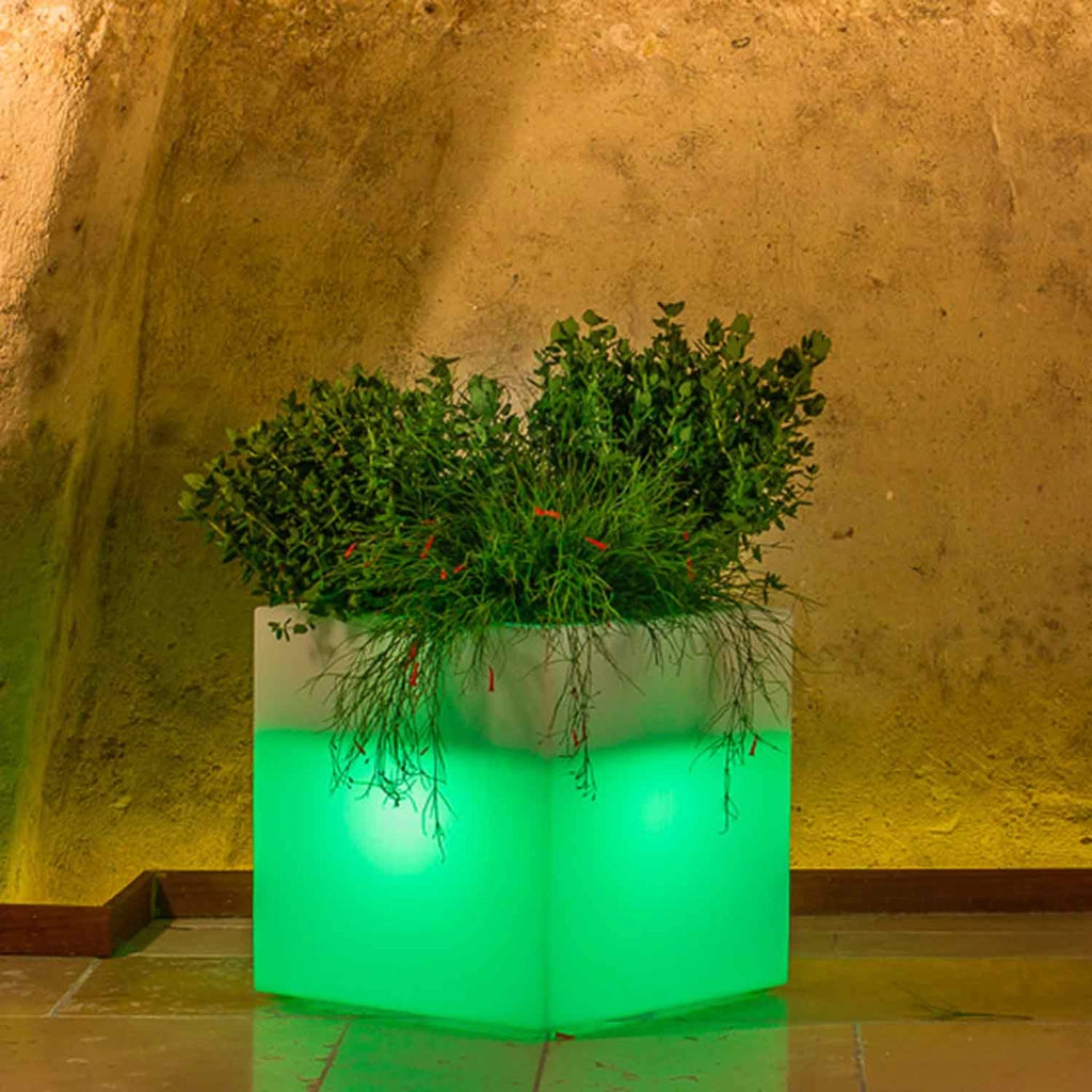Vaso Cube In Resina Quadrato H40 Lampada Verde 40x40Cm