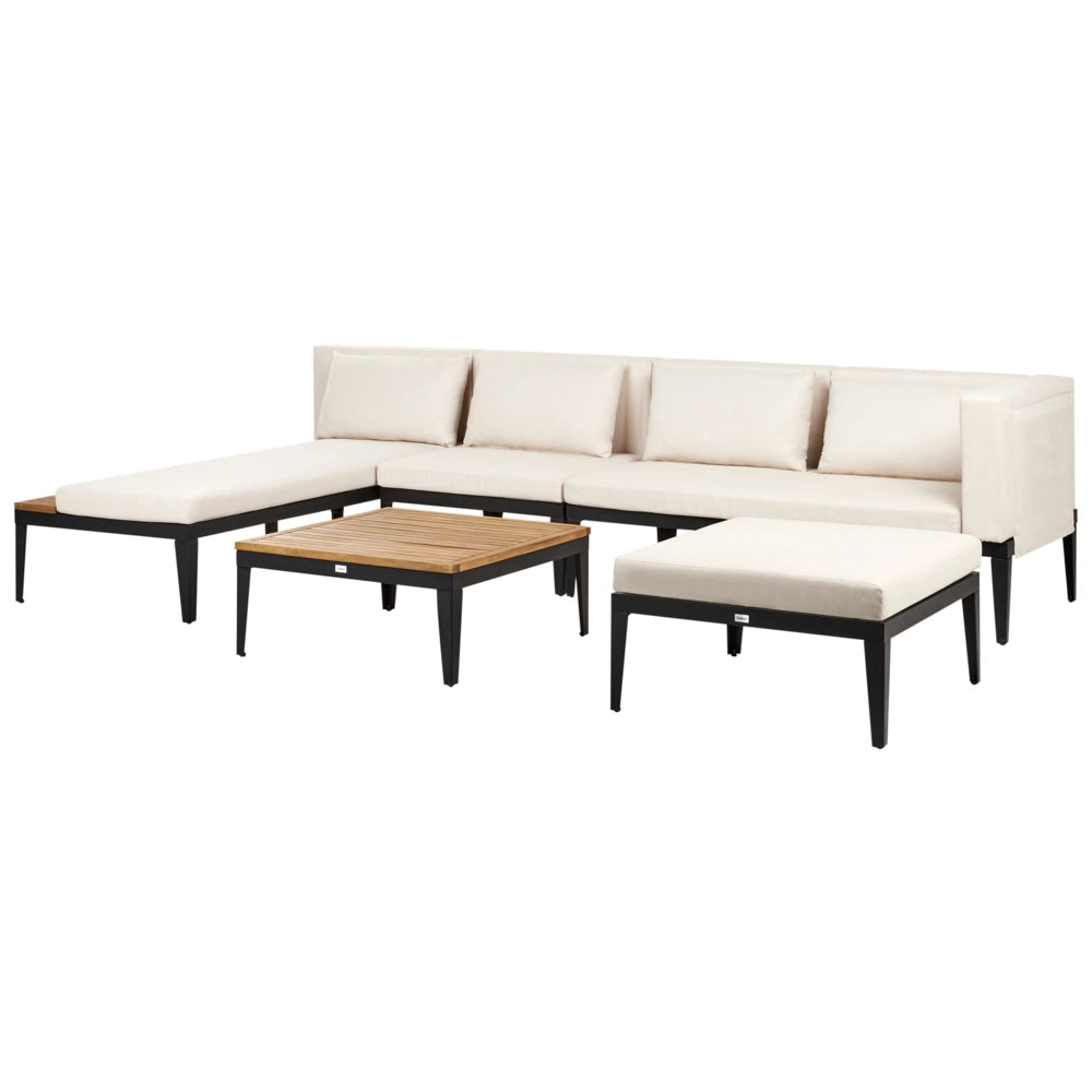 Set da giardino 4 posti in legno di acacia certificato con divano angolare tavolino e cuscini beige chiaro lato sinistro con ottomano
