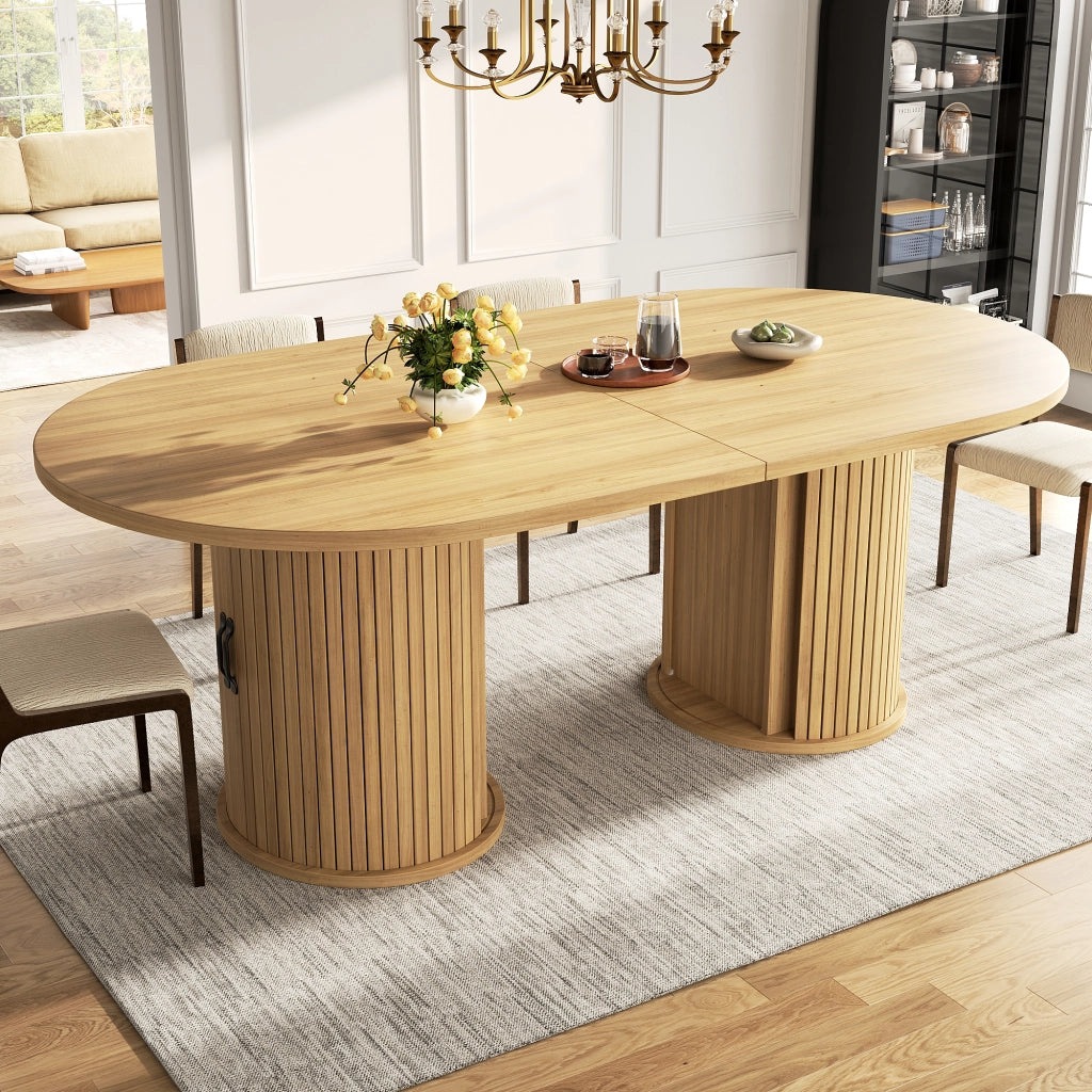 Tavolo allungabile con vano nascosto e maniglie in metallo, per sala da pranzo, in MDF, naturale, 149.8 × 80 × 75 cm