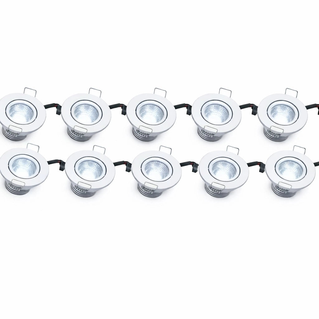 Kit 10 Faretti LED COB bianchi luce fredda 6500k da Incasso a soffitto 3W Orientabili, Foro 45mm Ø52mm, Fascio 30°, Driver 220-240V incluso, IP20