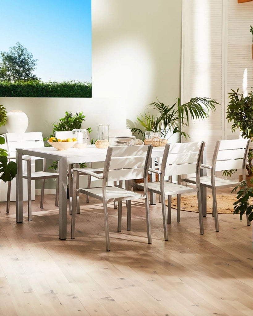 Set di 6 sedie da giardino da pranzo in plastica bianca con schienale a doghe in alluminio anodizzato set di sedie da esterno