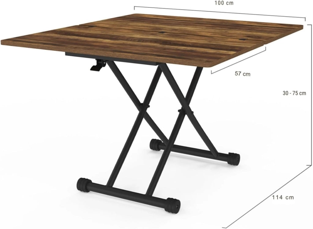Tavolino 2 in 1 URBANA, trasformabile in tavolo da pranzo rettangolare, 100 cm, legno scuro e nero, design industriale