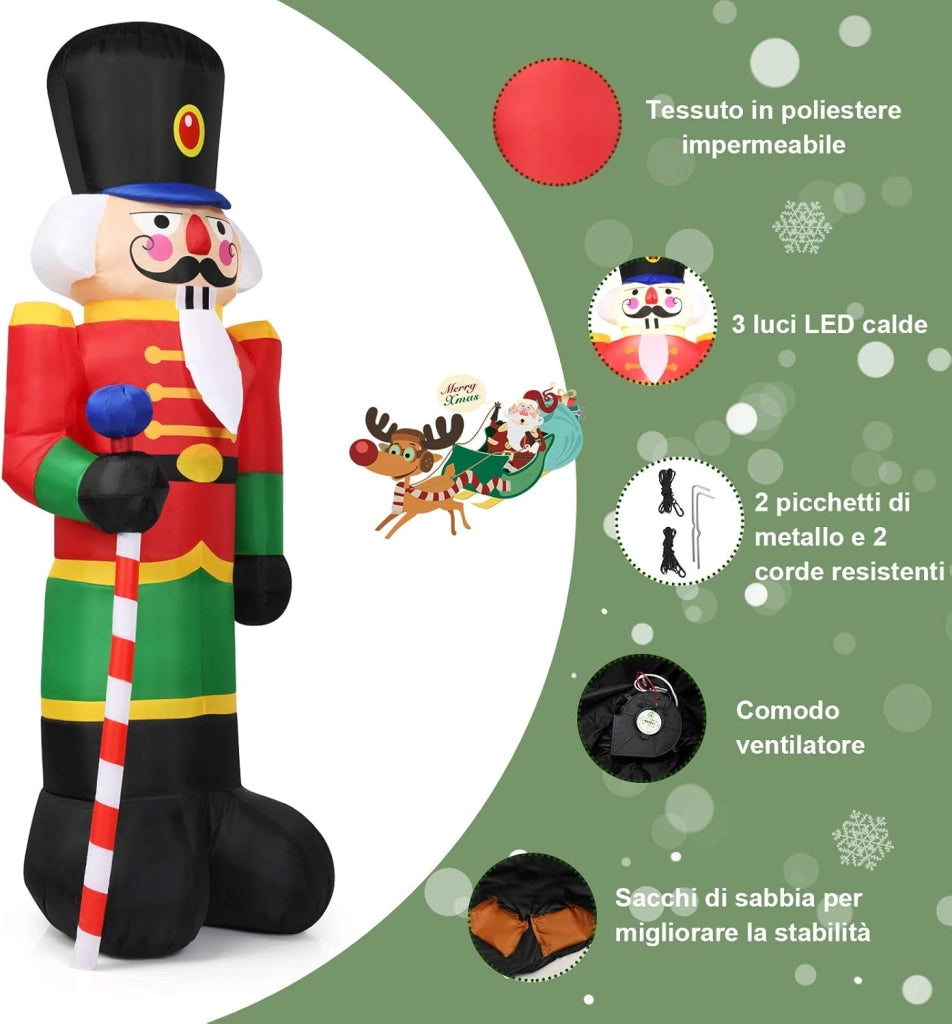 240cm Soldatino Schiaccianoci Gonfiabile, Soldato di Babbo Natale con 3 Luci LED, Decorazioni Natalizie con Soffiatore e Sacchi di Sabbia, per Uso Interno ed Esterno
