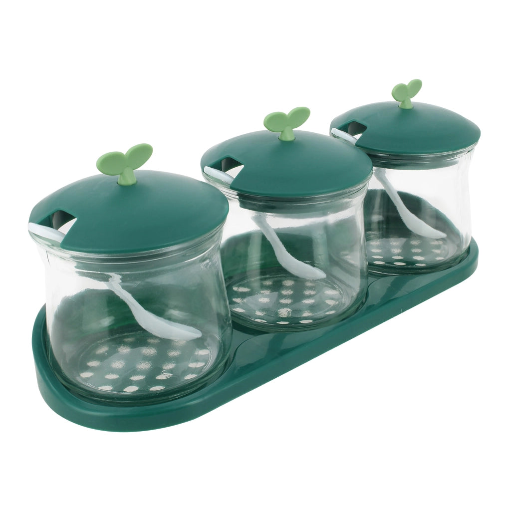 Set 3 barattoli per spezie in vetro con coperchi e base in plastica Verde Cheffinger