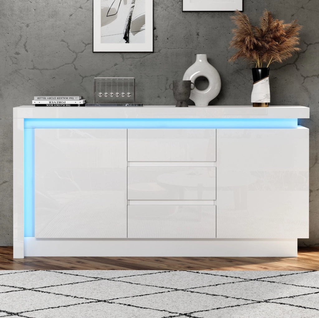 Credenza 140x35x72 cm con 3 cassetti; 2 ante e LED in truciolare bianco