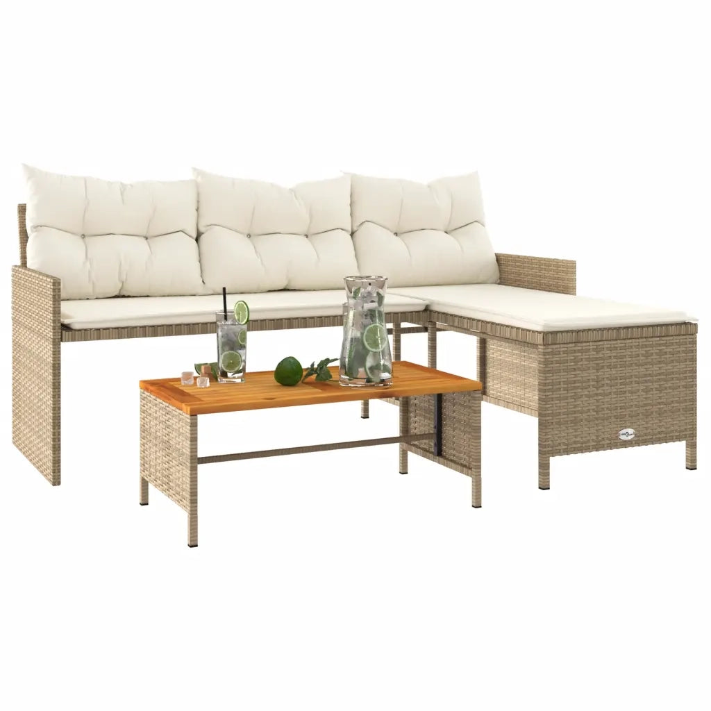 Divano da Giardino con Tavolo e Cuscini a L Beige in Polyrattan 365583