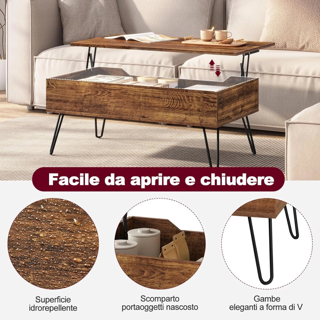 WOLTU Tavolino da Salotto, Tavolino da Caffè Sollevabile, Tavolino da Divano con Scomparto Nascosto, Stile Industriale, 95x50x(40-55,5) cm, Legno Marrone Vintage + Metallo Nero, BTS18hov