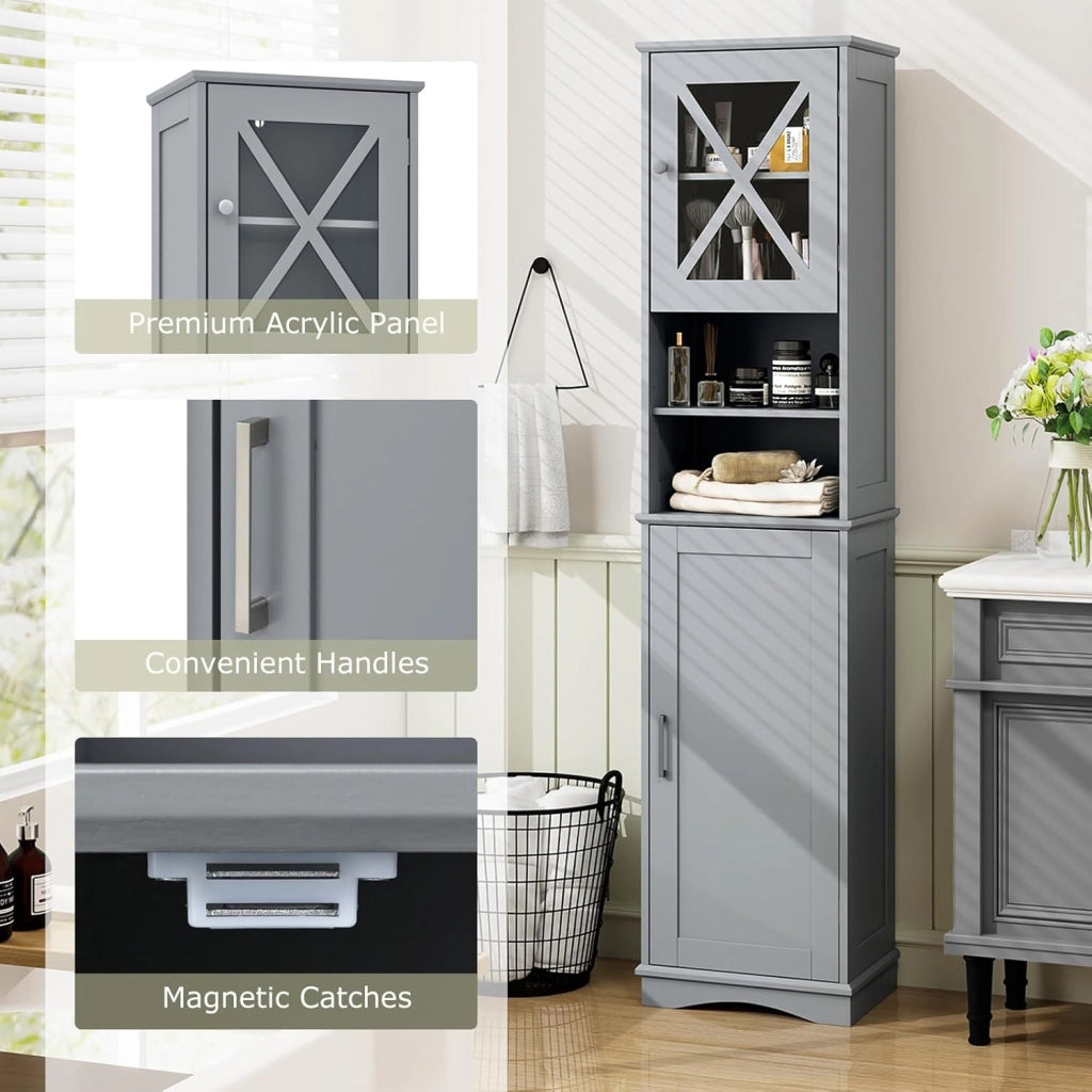 Armadietto da Bagno Slim con 2 Ante, Ripiano Regolabile e 2 Scomparti Aperti, Mobile Alto per Bagno e Soggiorno, Moderno，2 Colori