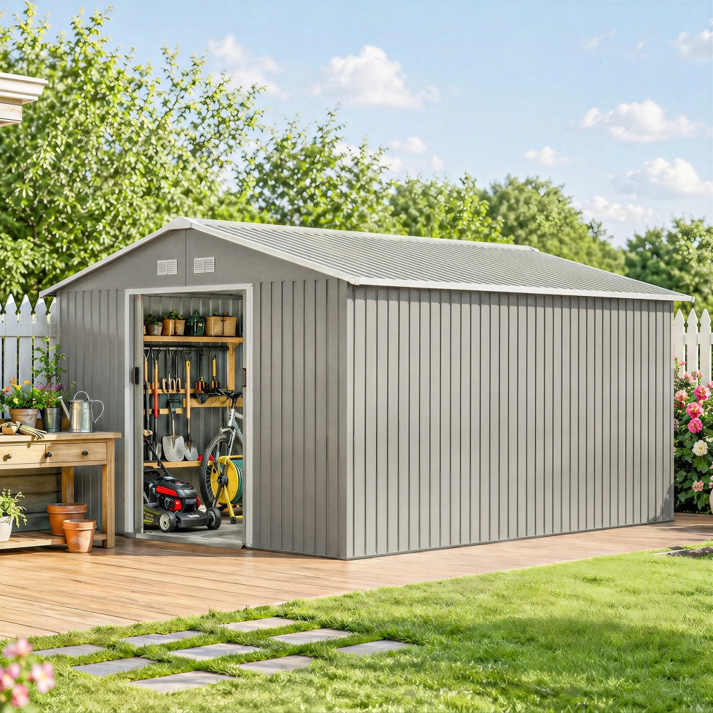 Casetta da Giardino con Porte Scorrevoli e Tetto Inclinato, in Acciaio, 340x386x200 cm, Grigio