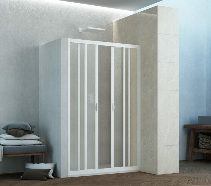 Box Porta Doccia Acrilico 2.2 MM 1 Lato Apertura Centrale Scorrevole Telaio PVC Bianco - Misura 150-160 x 185h 