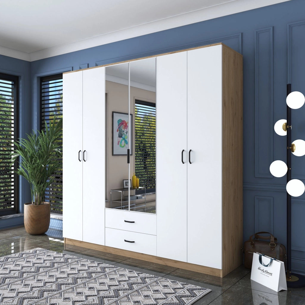 Armadio Camera da Letto Neirone, Guardaroba Grande 2 Cassetti, 210x210h cm Bianco