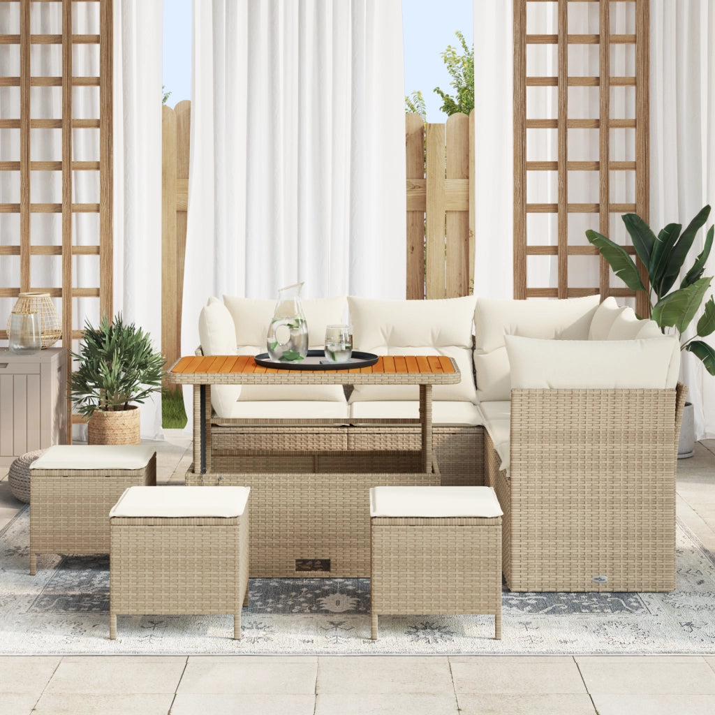 Set di 9 Pezzi Divano da Giardino con Cuscini Beige Rattan Polimerico Acacia