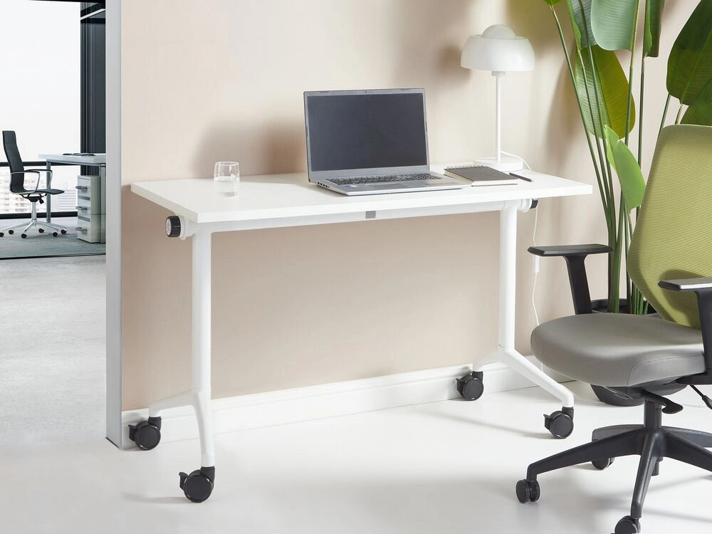 Scrivania rettangolare pieghevole con rotelle portatile con struttura in metallo bianco 120 x 60 cm stile moderno
