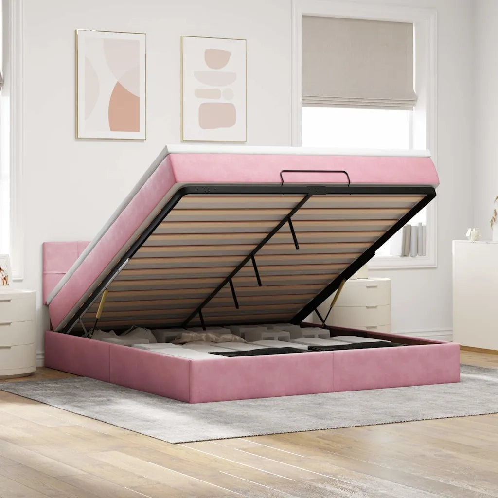 Struttura Letto Pouf con Materasso Rosa 180x200 cm in Velluto 3311794