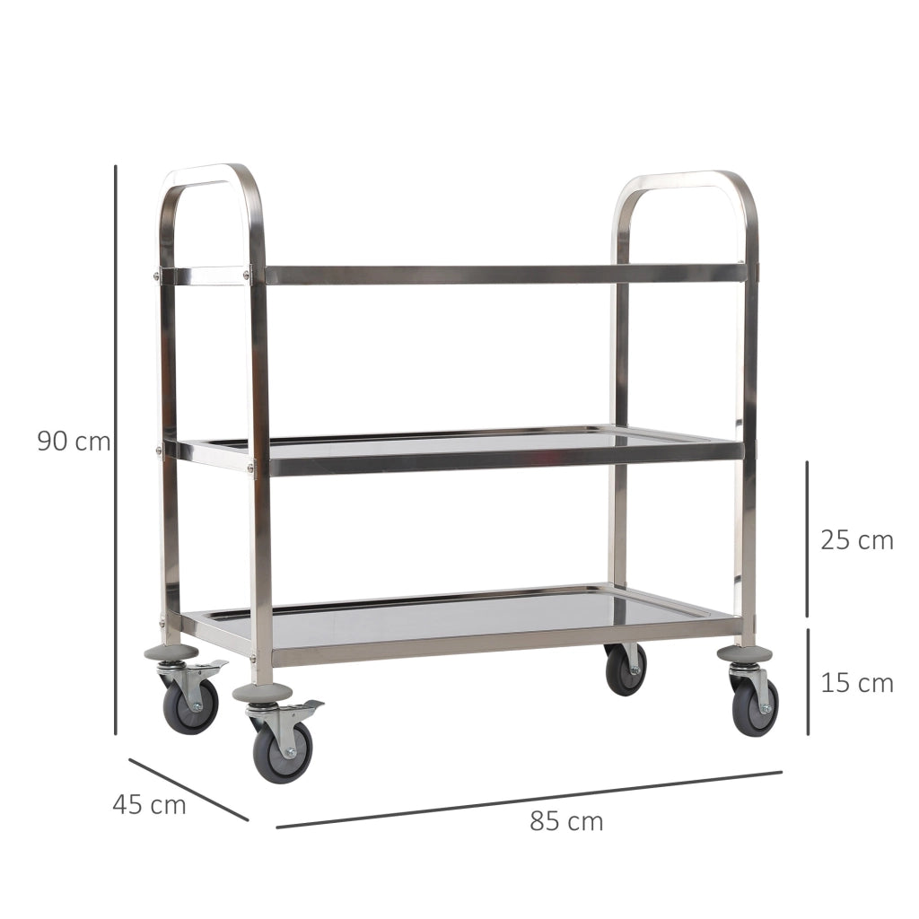 EasyComfort Carrello da Cucina 3 Ripiani Aperti 4 Ruote Omnidirezionali con 2 Freni Cuscinetti Anti-Collisione in Acciaio Inossidabile 430 Argento 90.5x50.5x88.2cm