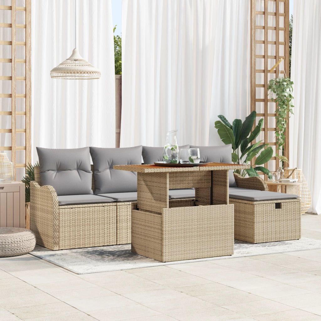 Set divano da giardino 6 pezzi con cuscini in rattan policotton beige
