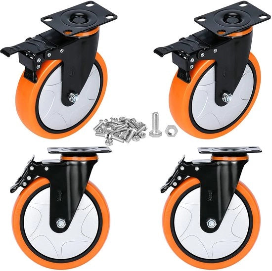Set di 4 ruote inclinabili 152 mm con freno, ruote pesanti, carico massimo 1250 kg, ruote silenziose per trasporto di mobili e trasporto industriale