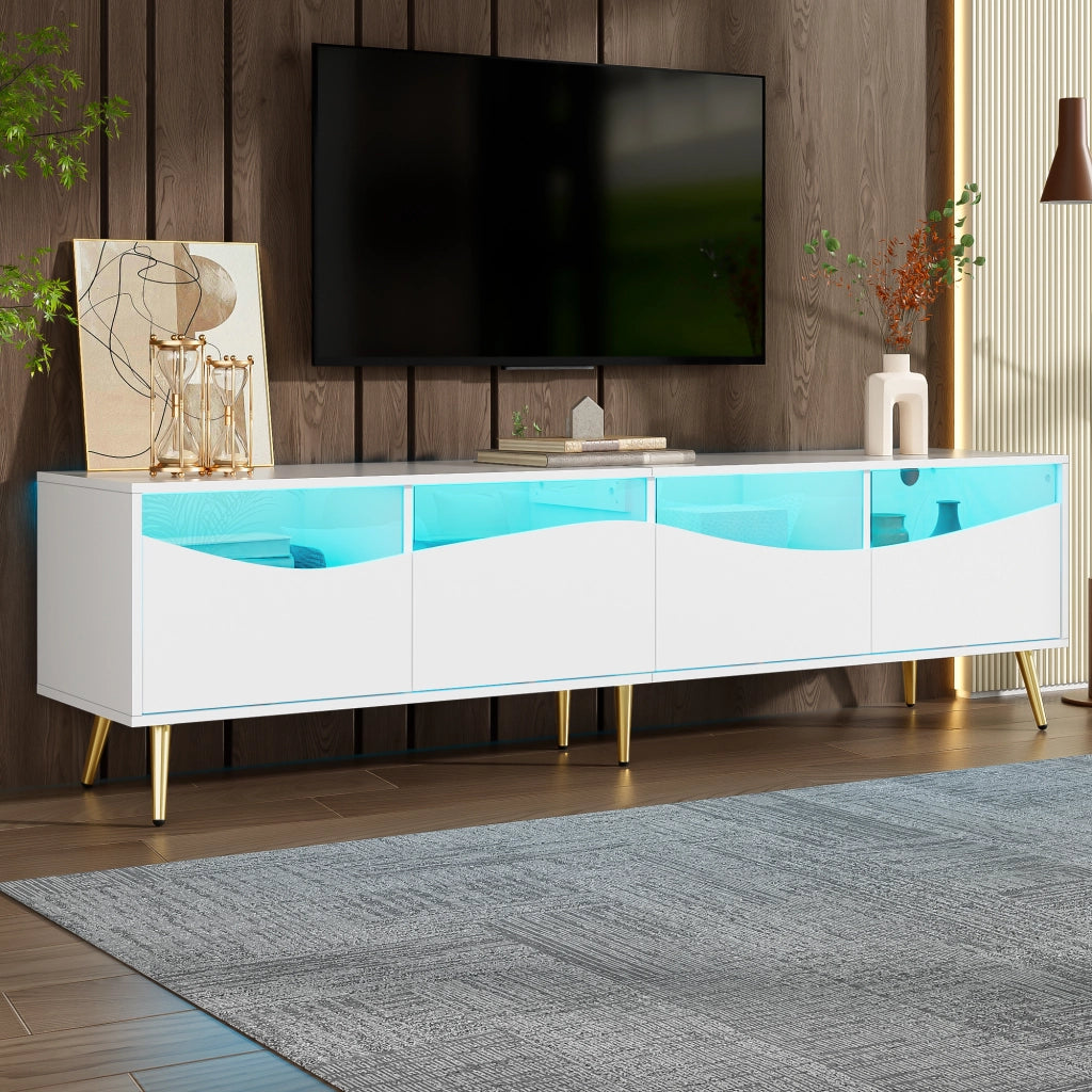OKWISH Mobile TV con Vani Contenitori, LED e Passacavi, Frontali in Vetro, per Soggiorno, MDF, Bianco, 180 x 40 x 50 cm