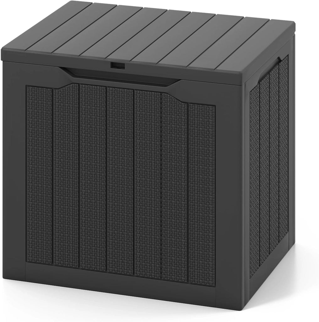 Contenitore da giardino con coperchio bloccabile, 106 l, con vano portaoggetti, per esterni, effetto rattan, per giardino, terrazza e piscina (nero)