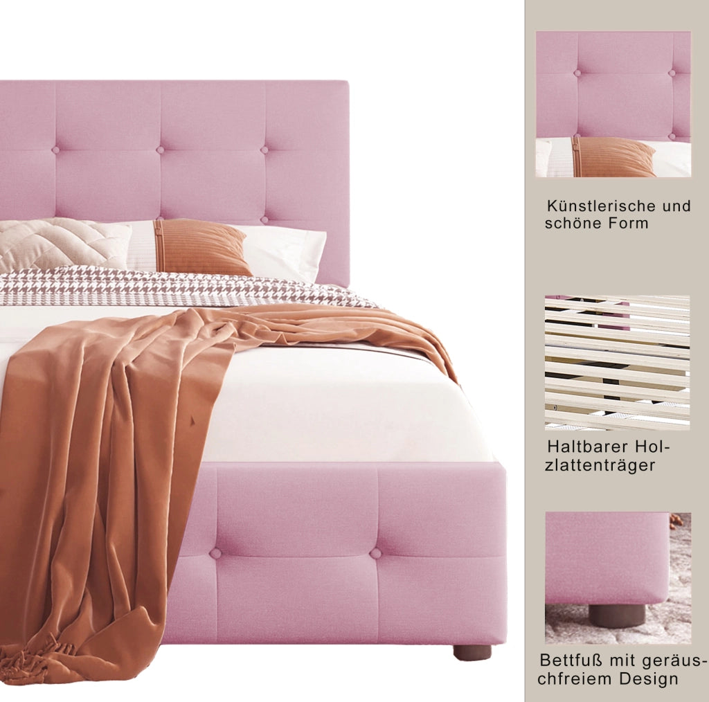 Letto imbottito con rete 90x200 cm; con testiera e cassetto contenitore; velluto rosa