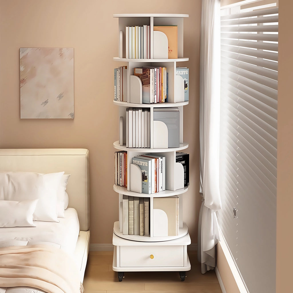 Libreria girevole 360° con ruote e cassetto, salvaspazio, bianco, MDF
