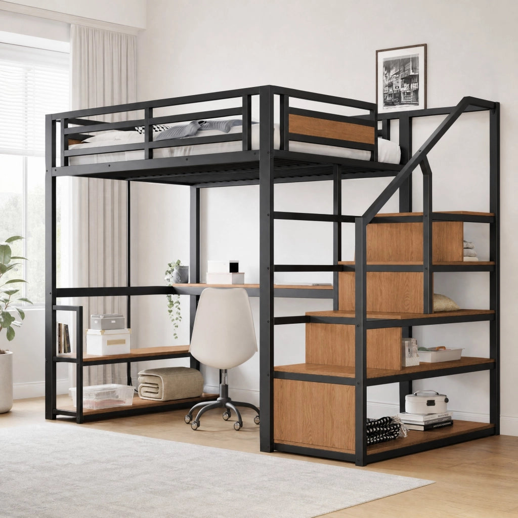 DESMIU Letto a Soppalco 2 Posti con Scala Contenitore, Scaffali e Scrivania 140 × 200 cm, senza materasso, Nero