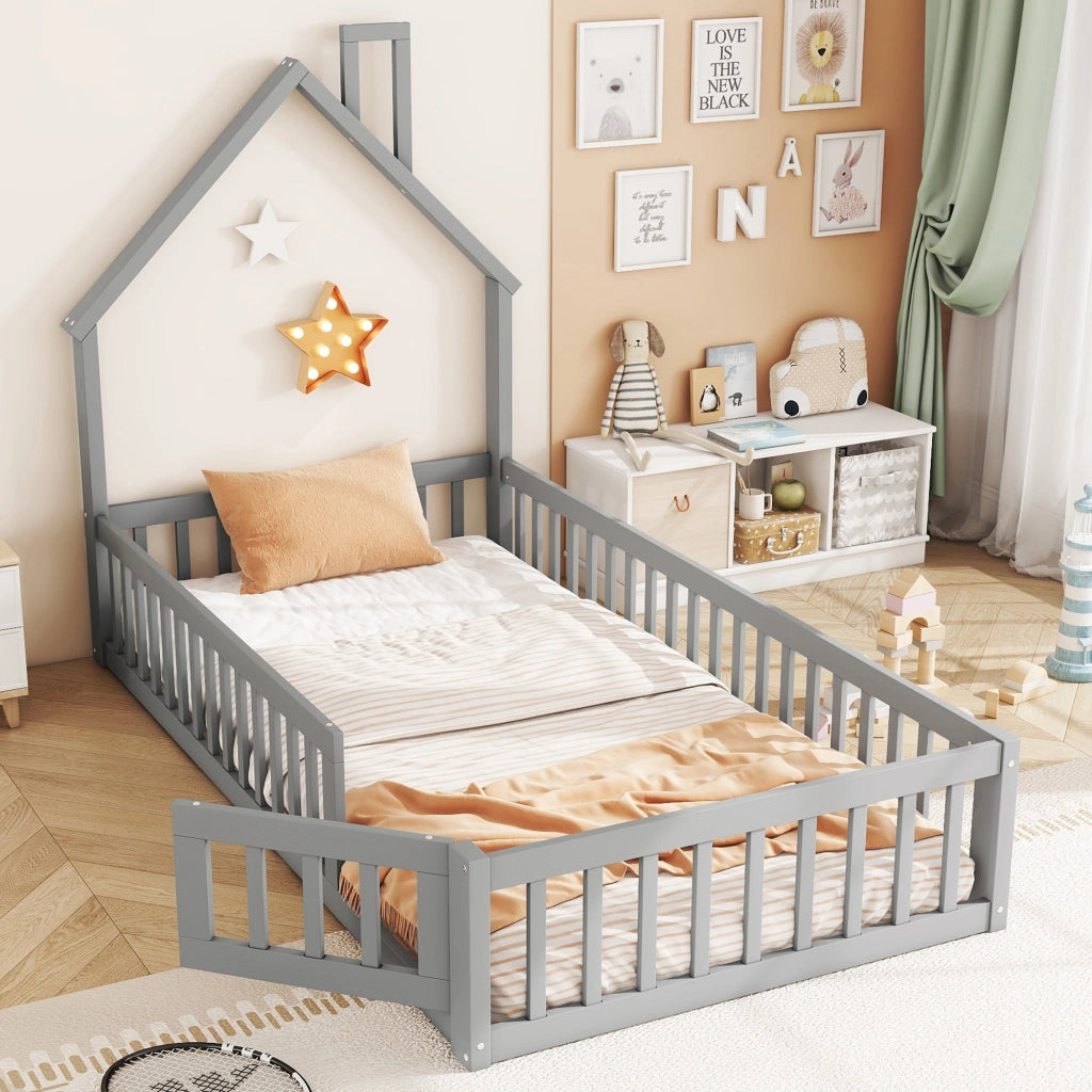 Letto a castello grigio con struttura a camino in pino 90x200 cm con rete a doghe