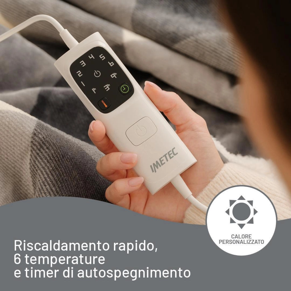 Imetec CaldoPlaid Tartan Grey Plaid Riscaldabile, Morbida Coperta Elettrica 160x120 cm, Basso Consumo, Tecnologia Adapto, Dispositivo di Sicurezza, Rapido Riscaldamento, 6 Temperature, Lavabile