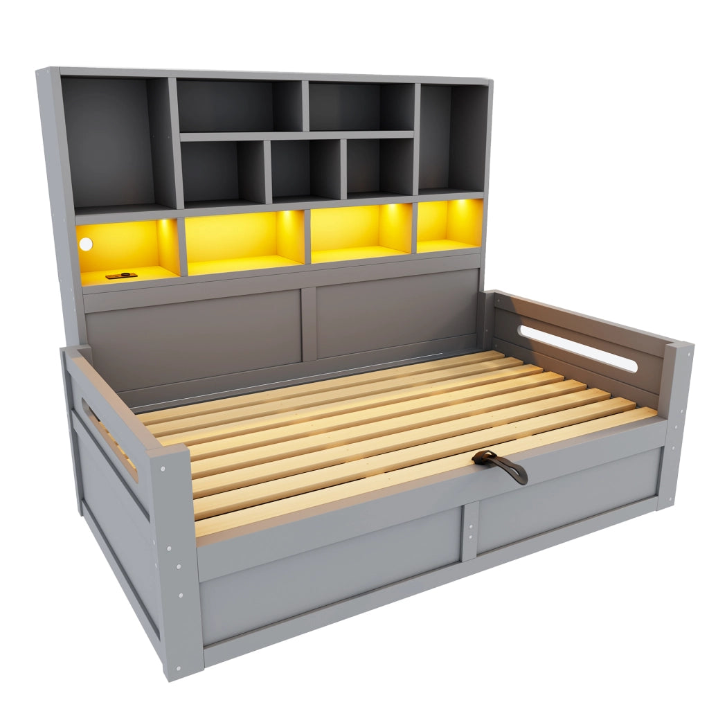 Letto contenitore 90x200 cm con sollevamento idraulico; LED; USB e ripiani portaoggetti; MDF grigio