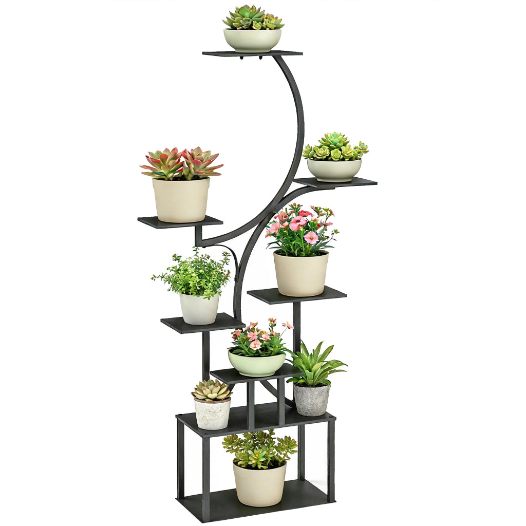 Portapiante a 8 Livelli con Design a S per Interni ed Esterni, in Metallo, 74x26x158.5 cm, Nero
