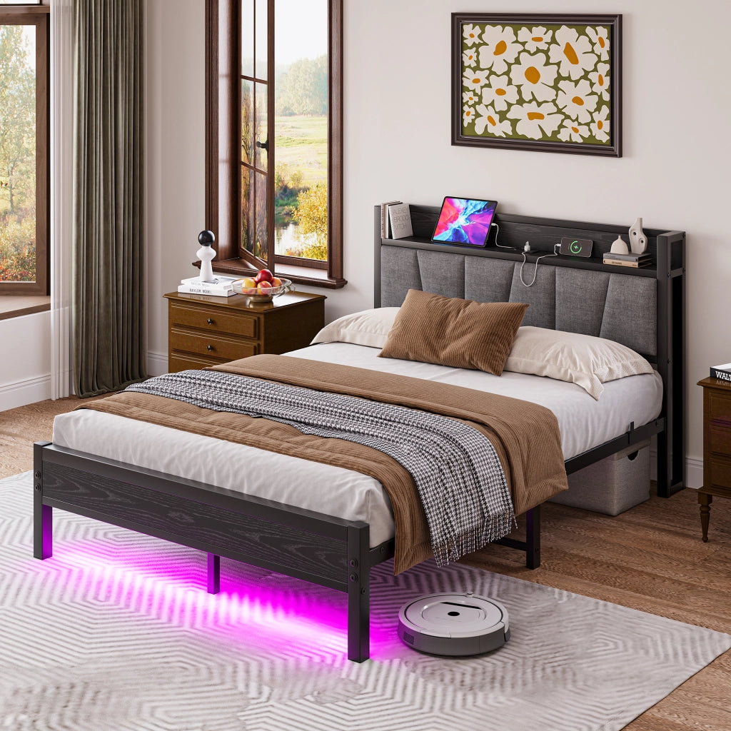 Letto matrimoniale 140 × 190 cm con LED, testiera contenitore e USB, senza materasso, nero