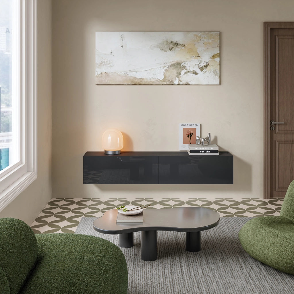 Mobile Pensile Evaton Porta TV da Parete 160 x 32 x 30 cm - Nero Lucido [en.casa]