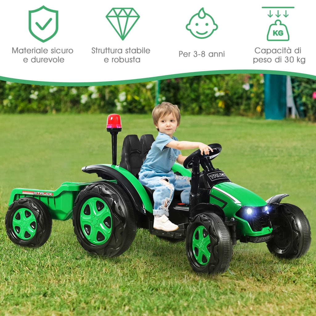 Trattore elettrico per bambini con rimorchio e telecomando, Trattore giocattolo con cintura di sicurezza Verde-Macchinine giocattoli
