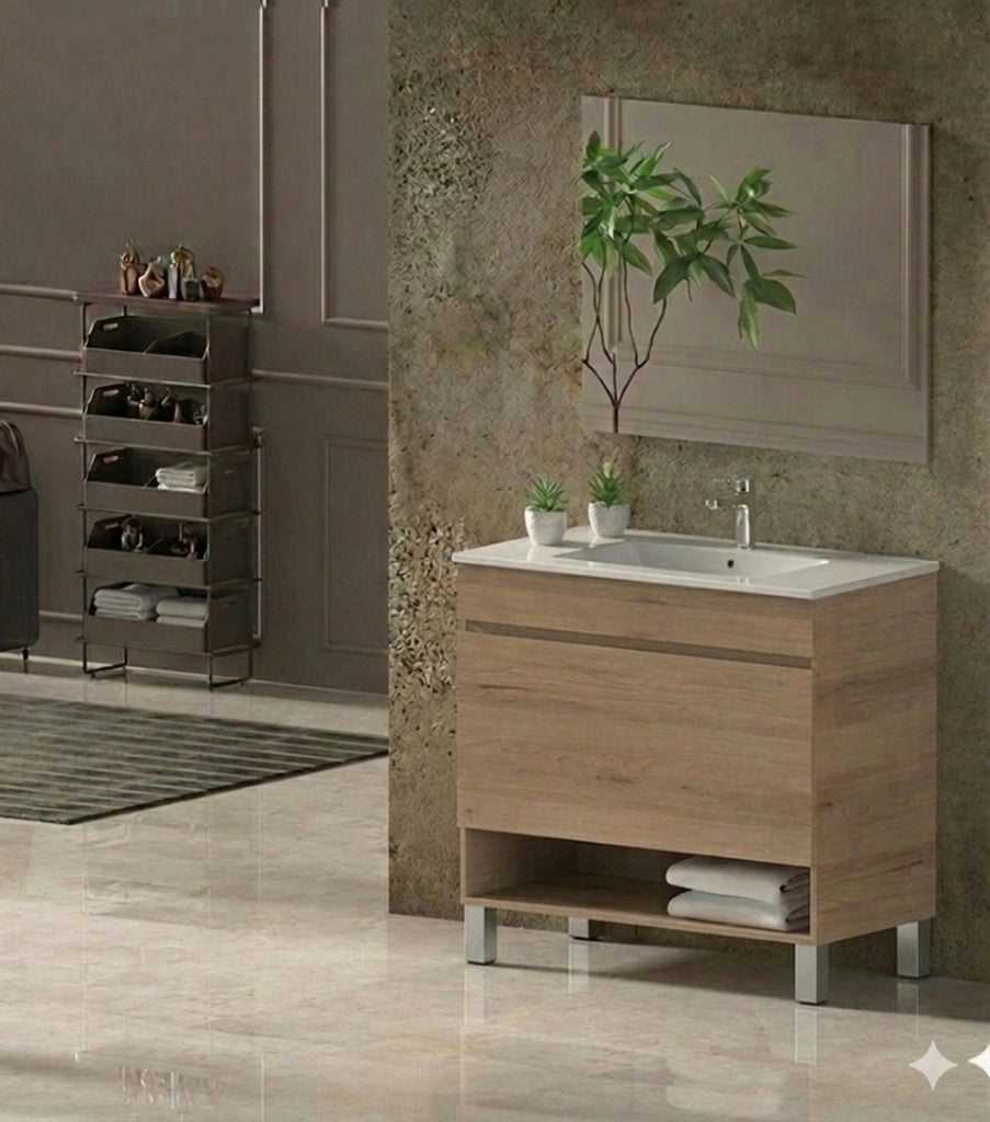 Mobile Bagno NEBARI com gambe Già Montato 1 cassetto, lavabo e specchio Estepa 80x45 cm